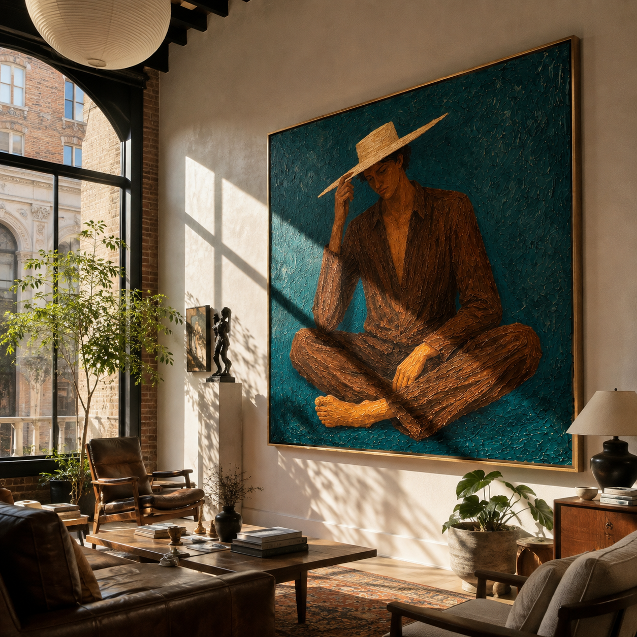 Brown Stripes Touch Teal - seated brown striped figure by Marcus Lau, Retro Modern square wall art – styled room scene view 1