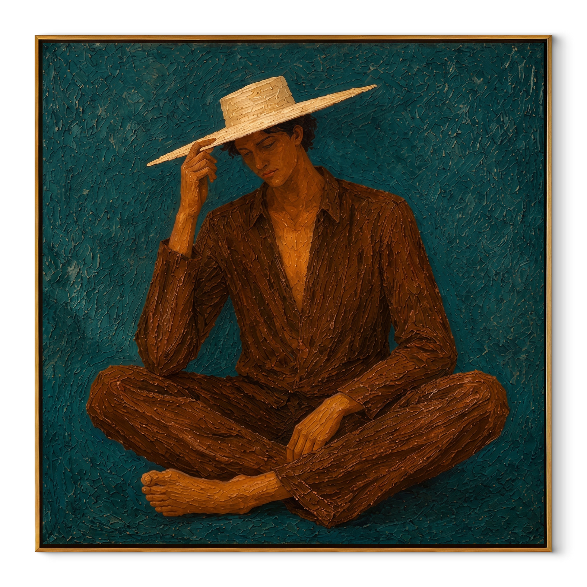 Brown Stripes Touch Teal - seated brown striped figure by Marcus Lau, Retro Modern square wall art – wood frame on white background