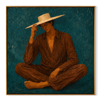 Brown Stripes Touch Teal - seated brown striped figure by Marcus Lau, Retro Modern square wall art – wood frame on white background