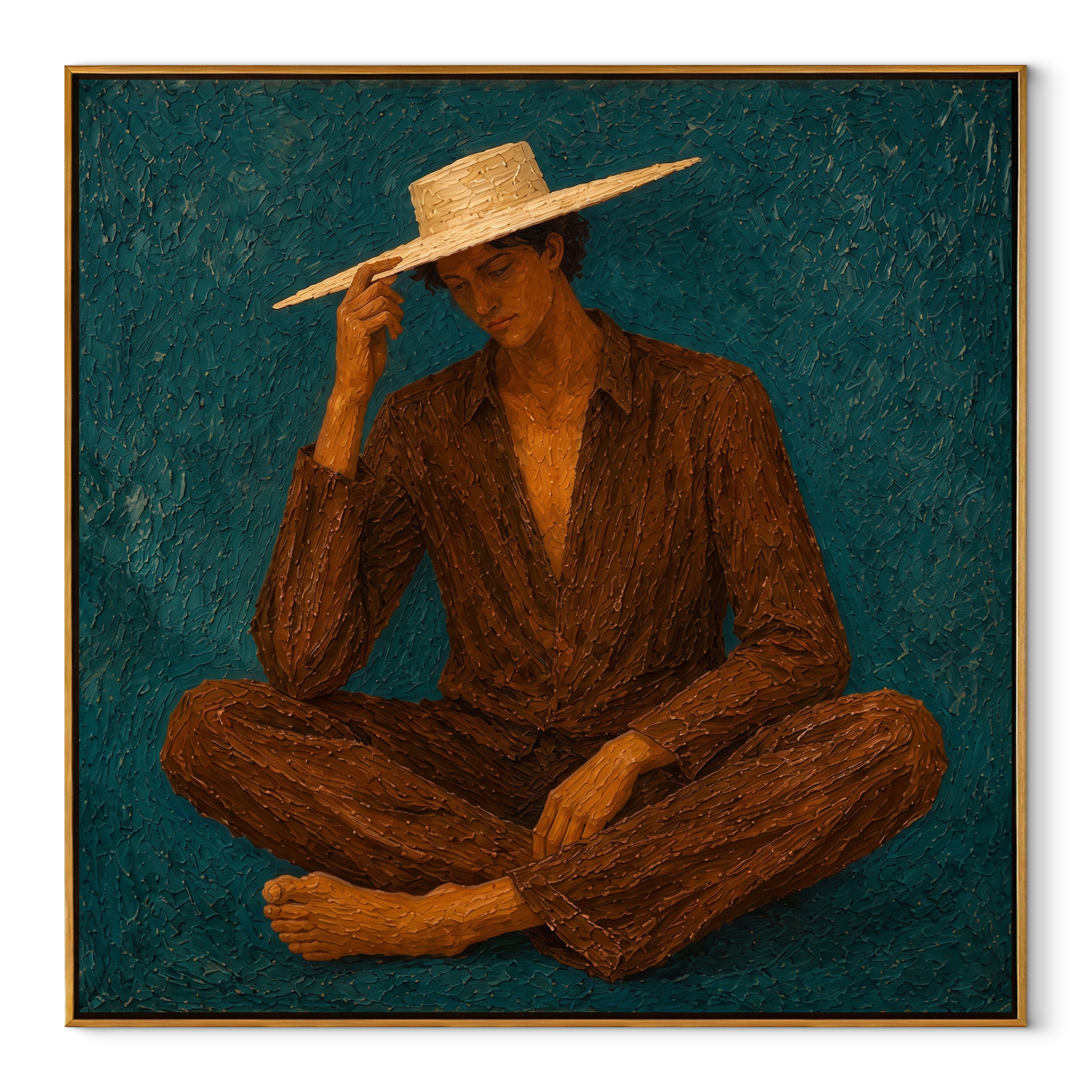 Brown Stripes Touch Teal - seated brown striped figure by Marcus Lau, Retro Modern square wall art – wood frame on white background