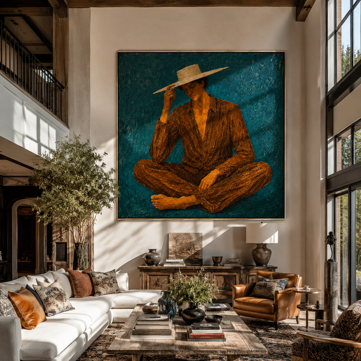 Brown Stripes Touch Teal - seated brown striped figure by Marcus Lau, Retro Modern square wall art – styled room scene view 2