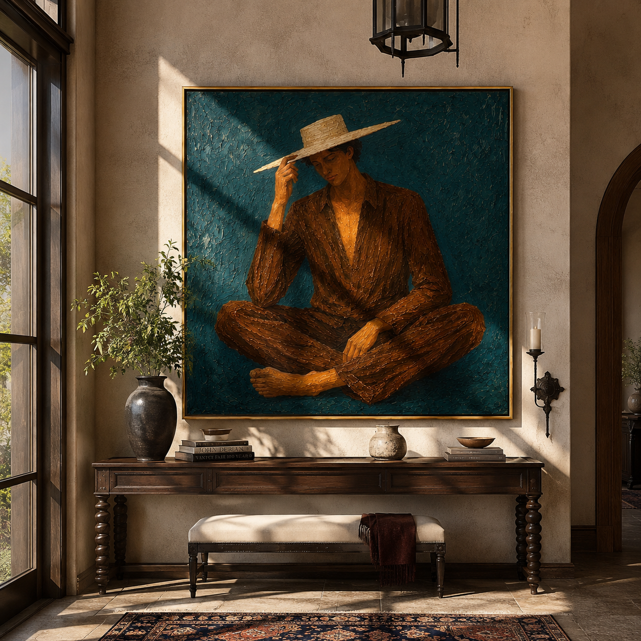 Brown Stripes Touch Teal - seated brown striped figure by Marcus Lau, Retro Modern square wall art – styled room scene view 3