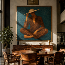 Brown Stripes Touch Teal - seated brown striped figure by Marcus Lau, Retro Modern square wall art – styled room scene view 4