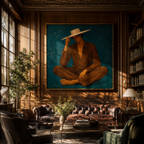 Brown Stripes Touch Teal - seated brown striped figure by Marcus Lau, Retro Modern square wall art – styled room scene view 5