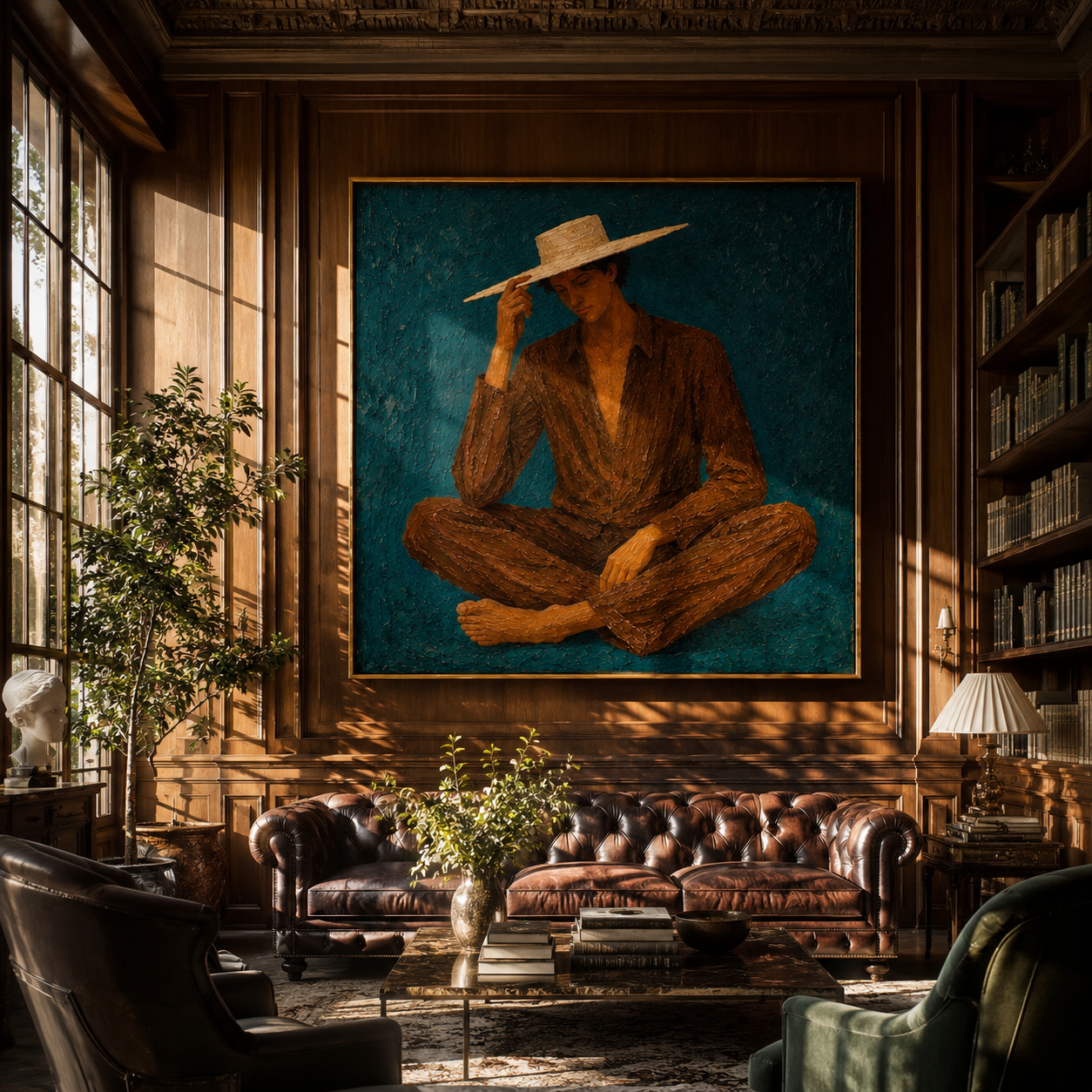 Brown Stripes Touch Teal - seated brown striped figure by Marcus Lau, Retro Modern square wall art – styled room scene view 5