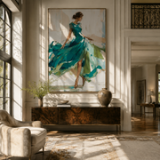 Turquoise Skirt Finds Motion - turquoise gown woman by Marcus Lau, Retro Modern vertical wall art – styled room scene view 1