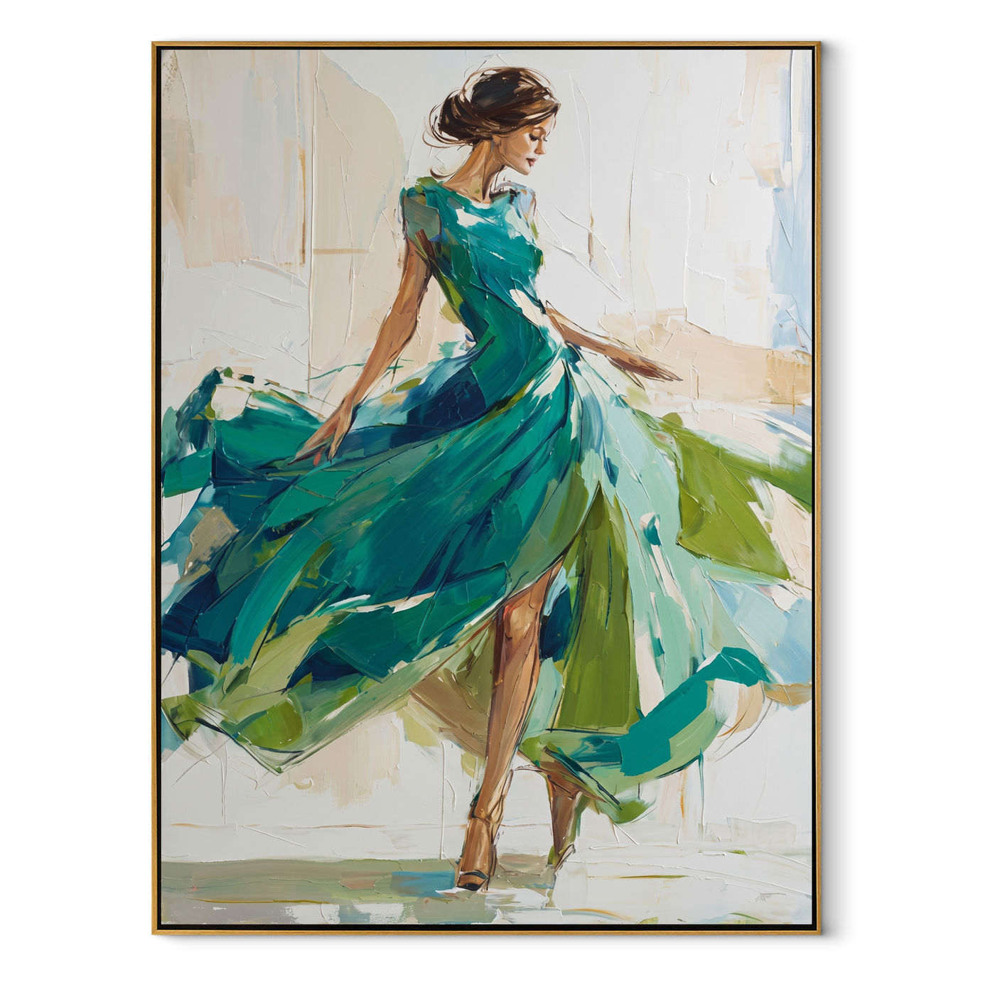 Turquoise Skirt Finds Motion - turquoise gown woman by Marcus Lau, Retro Modern vertical wall art – wood frame on white background