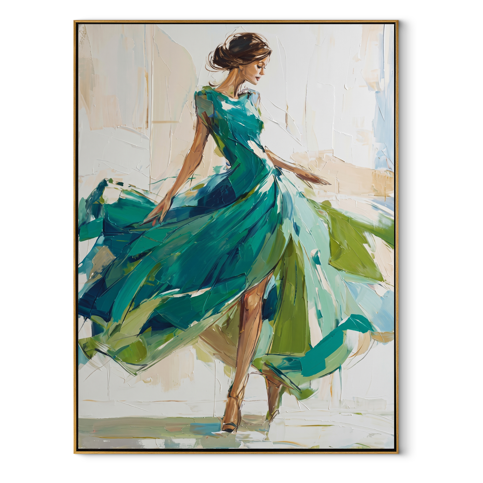 Turquoise Skirt Finds Motion - turquoise gown woman by Marcus Lau, Retro Modern vertical wall art – wood frame on white background
