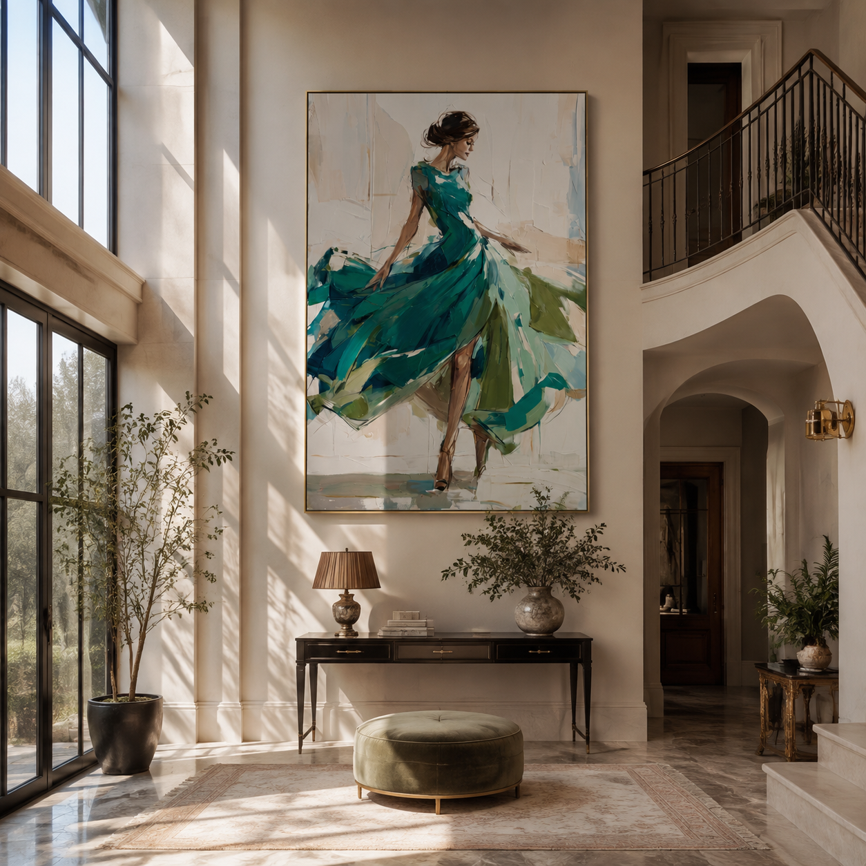 Turquoise Skirt Finds Motion - turquoise gown woman by Marcus Lau, Retro Modern vertical wall art – styled room scene view 2