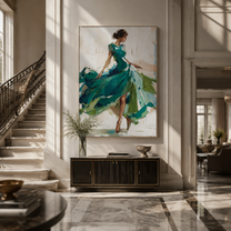 Turquoise Skirt Finds Motion - turquoise gown woman by Marcus Lau, Retro Modern vertical wall art – styled room scene view 3