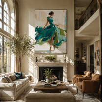 Turquoise Skirt Finds Motion - turquoise gown woman by Marcus Lau, Retro Modern vertical wall art – styled room scene view 4