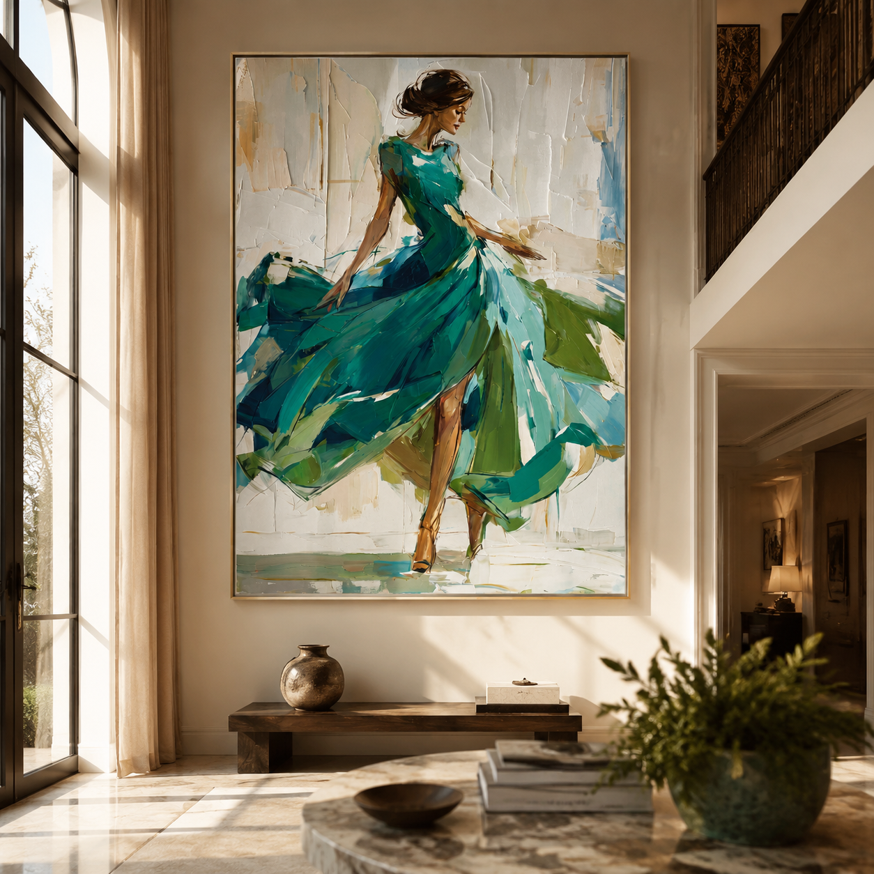 Turquoise Skirt Finds Motion - turquoise gown woman by Marcus Lau, Retro Modern vertical wall art – styled room scene view 5