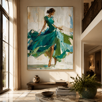 Turquoise Skirt Finds Motion - turquoise gown woman by Marcus Lau, Retro Modern vertical wall art – styled room scene view 5