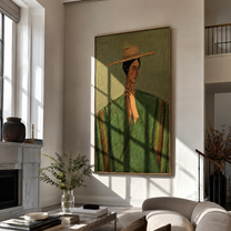Straw Brim Frames Green - green robe straw hat woman by Marcus Lau, Retro Modern vertical wall art – styled room scene view 1