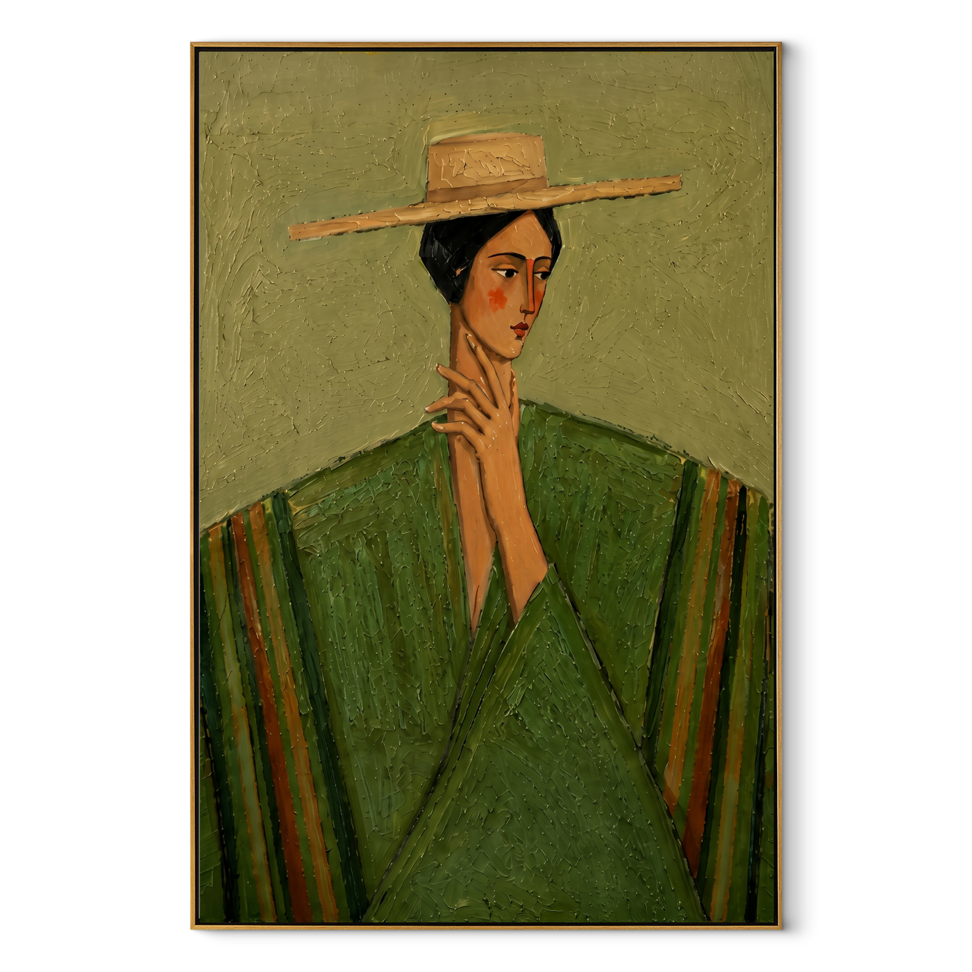 Straw Brim Frames Green - green robe straw hat woman by Marcus Lau, Retro Modern vertical wall art – wood frame on white background