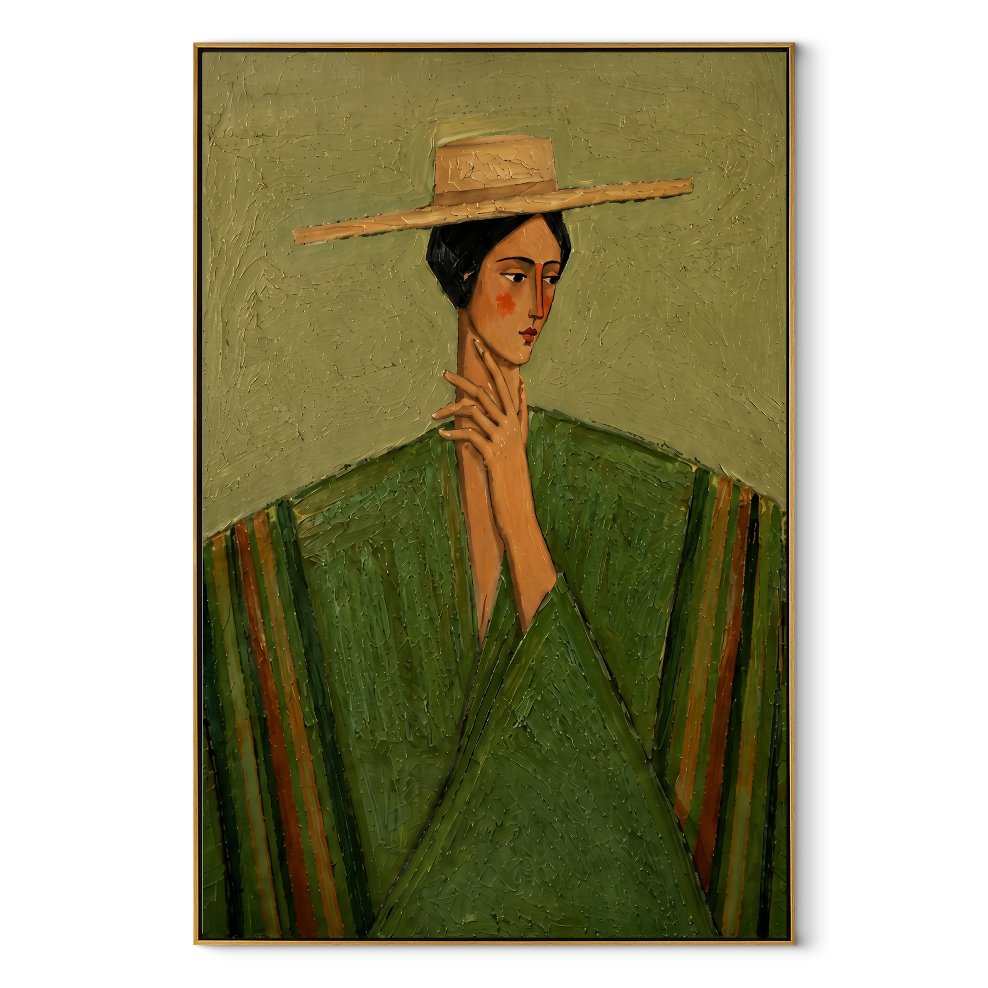 Straw Brim Frames Green - green robe straw hat woman by Marcus Lau, Retro Modern vertical wall art – wood frame on white background