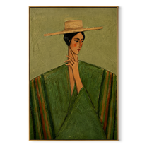 Straw Brim Frames Green - green robe straw hat woman by Marcus Lau, Retro Modern vertical wall art – wood frame on white background