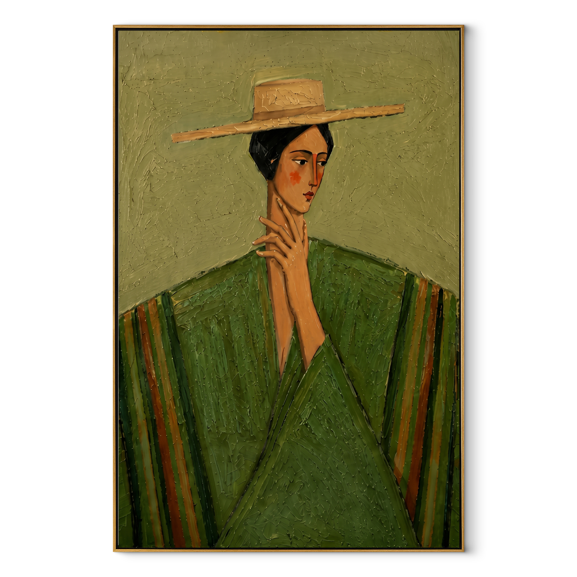 Straw Brim Frames Green - green robe straw hat woman by Marcus Lau, Retro Modern vertical wall art – wood frame on white background