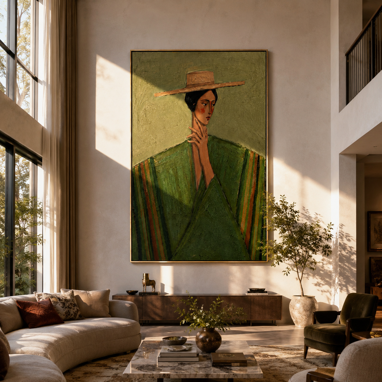 Straw Brim Frames Green - green robe straw hat woman by Marcus Lau, Retro Modern vertical wall art – styled room scene view 2