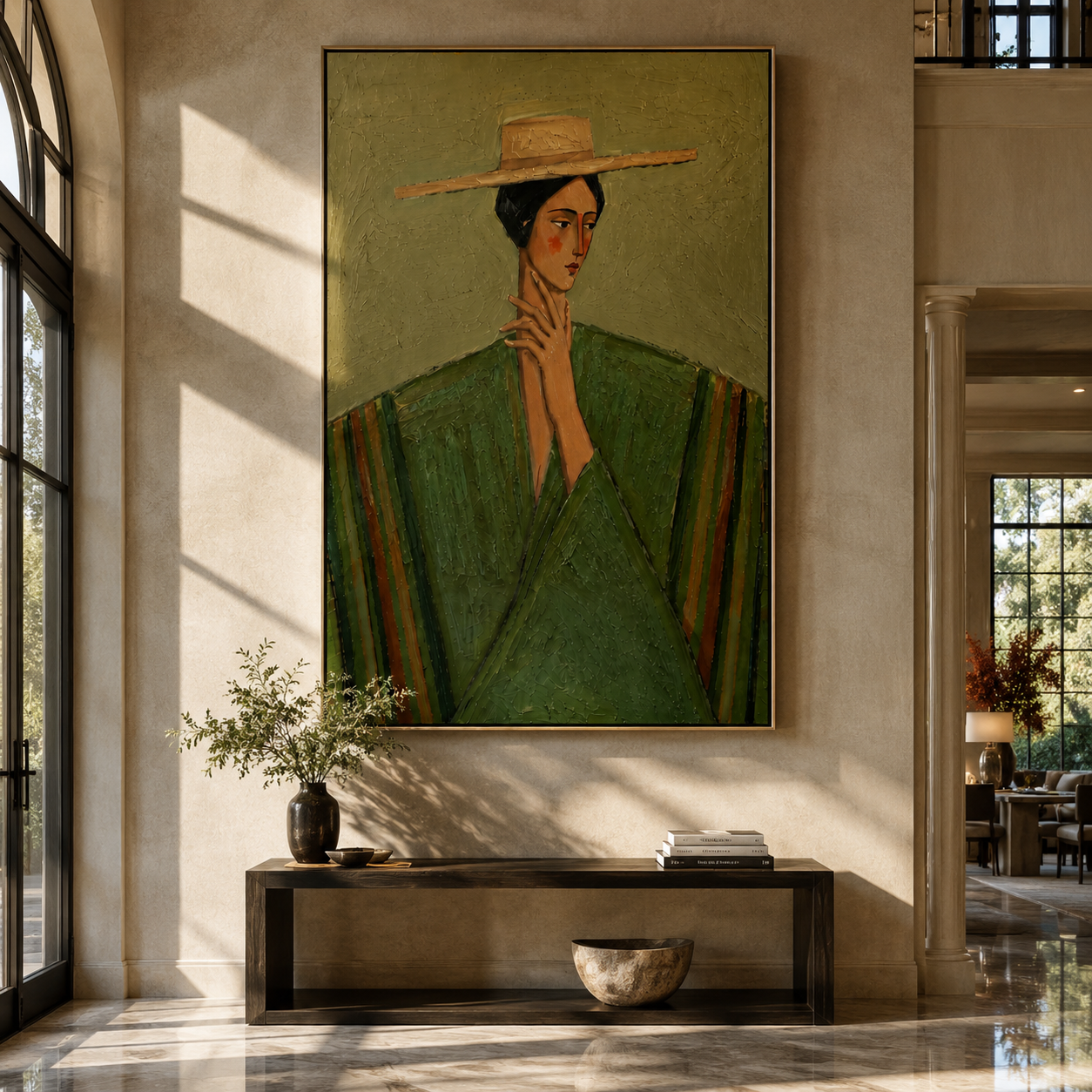 Straw Brim Frames Green - green robe straw hat woman by Marcus Lau, Retro Modern vertical wall art – styled room scene view 3