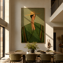 Straw Brim Frames Green - green robe straw hat woman by Marcus Lau, Retro Modern vertical wall art – styled room scene view 4