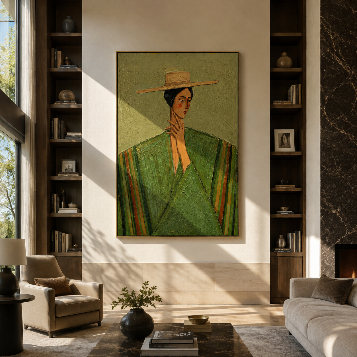 Straw Brim Frames Green - green robe straw hat woman by Marcus Lau, Retro Modern vertical wall art – styled room scene view 5