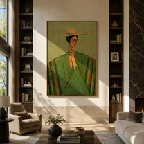 Straw Brim Frames Green - green robe straw hat woman by Marcus Lau, Retro Modern vertical wall art – styled room scene view 5