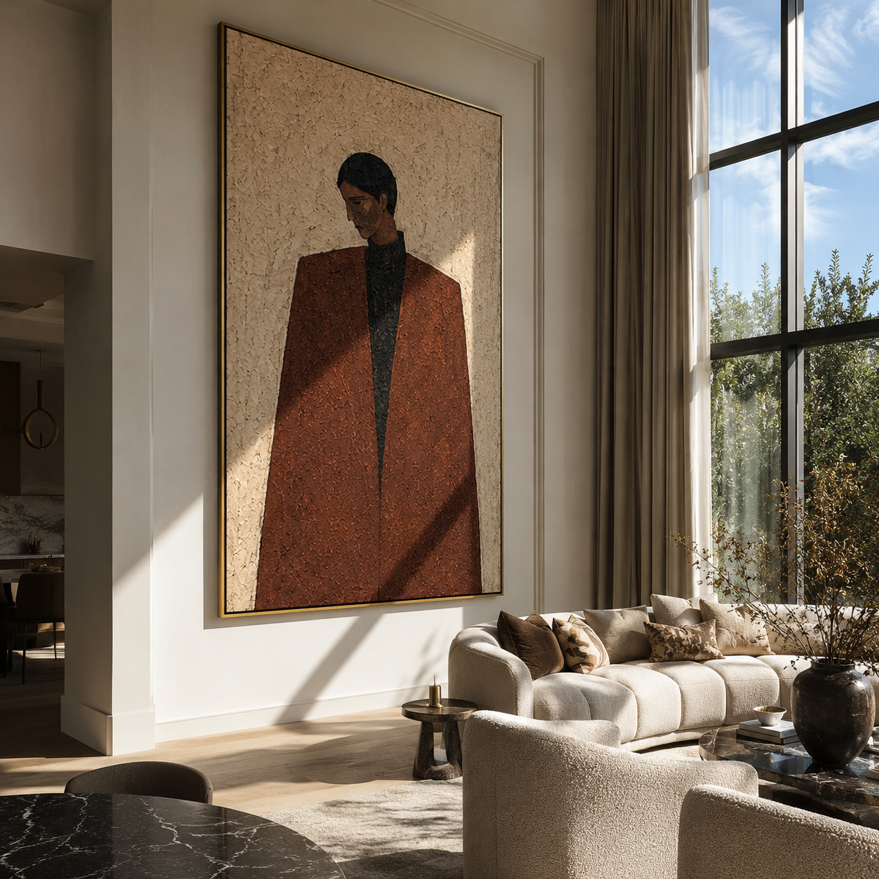 Brown Coat Keeps Distance - brown coat man portrait by Marcus Lau, Retro Modern vertical wall art – styled room scene view 1