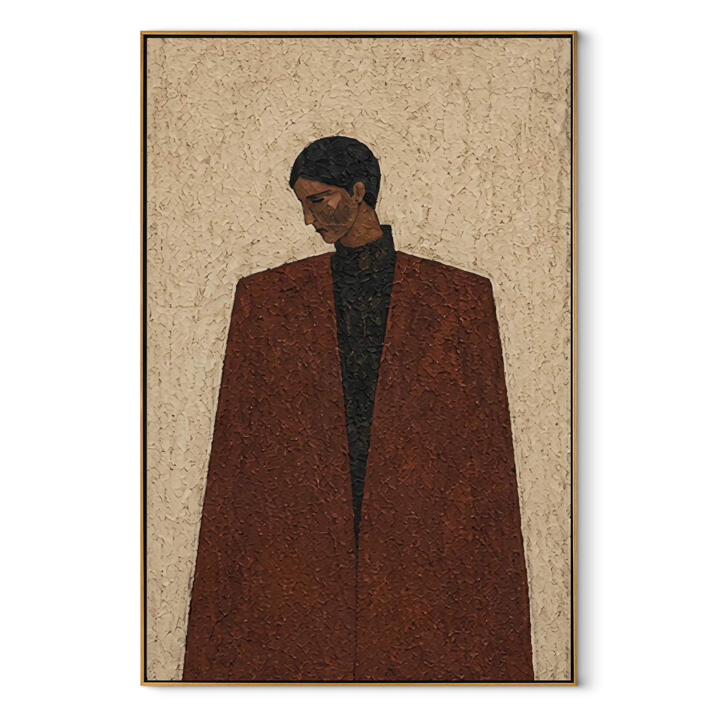 Brown Coat Keeps Distance - brown coat man portrait by Marcus Lau, Retro Modern vertical wall art – wood frame on white background