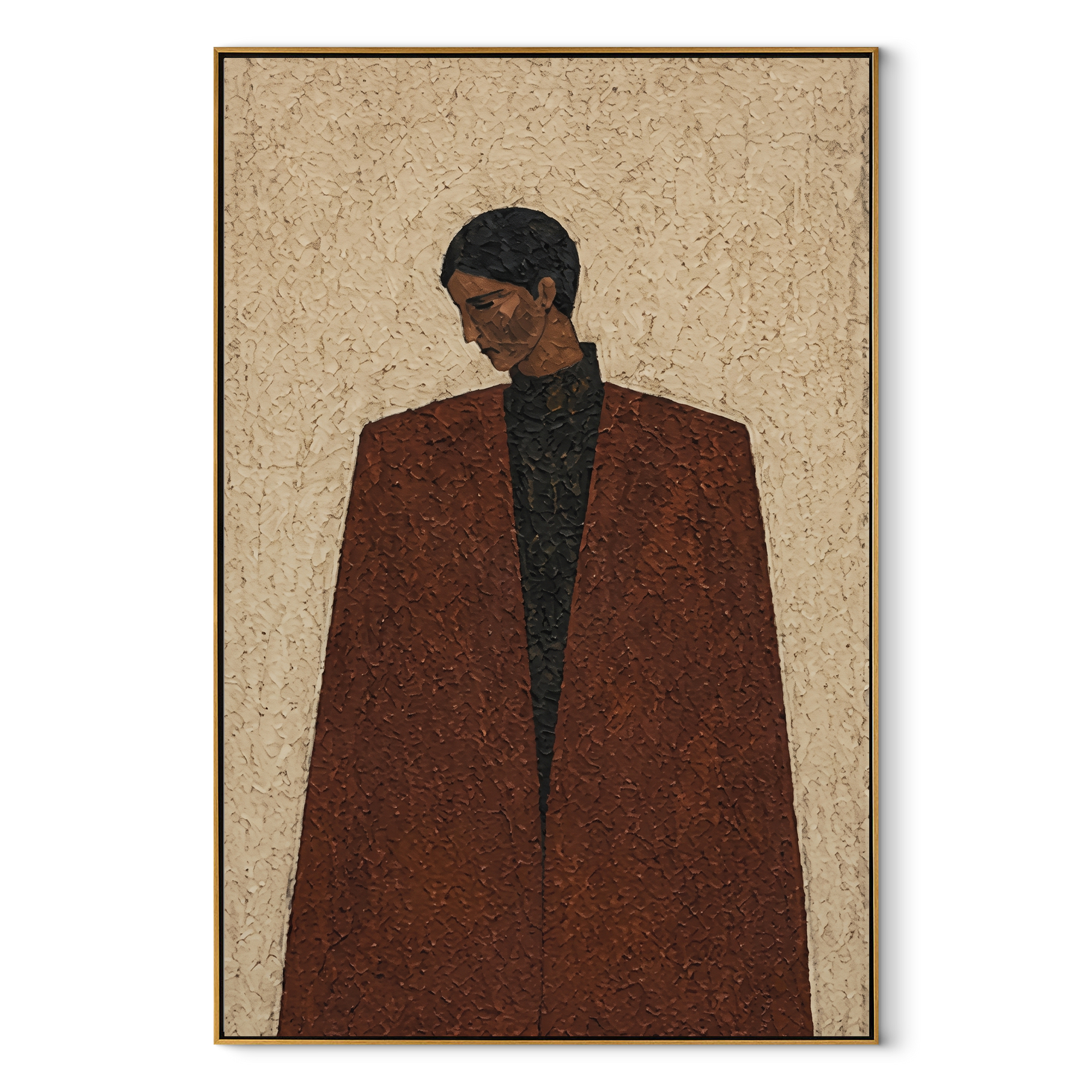 Brown Coat Keeps Distance - brown coat man portrait by Marcus Lau, Retro Modern vertical wall art – wood frame on white background