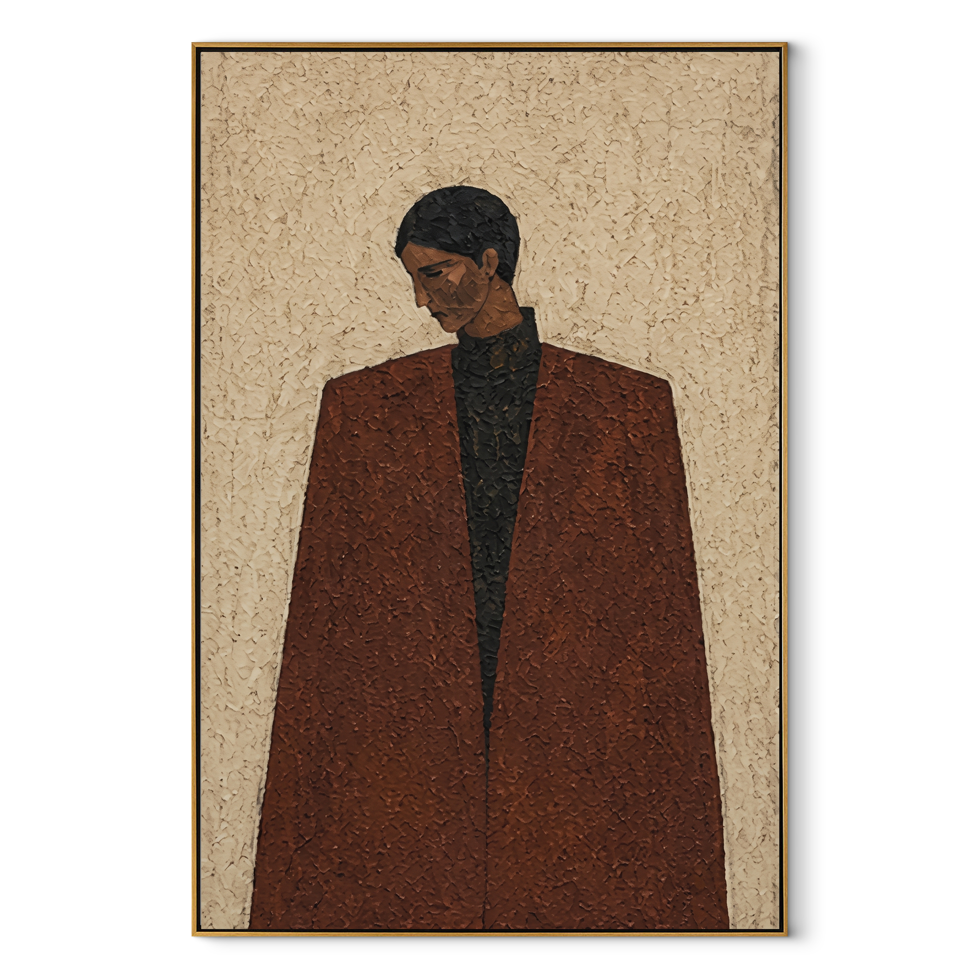 Brown Coat Keeps Distance - brown coat man portrait by Marcus Lau, Retro Modern vertical wall art – wood frame on white background