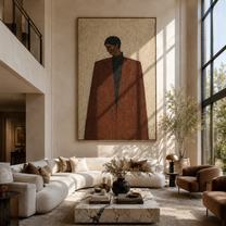 Brown Coat Keeps Distance - brown coat man portrait by Marcus Lau, Retro Modern vertical wall art – styled room scene view 2