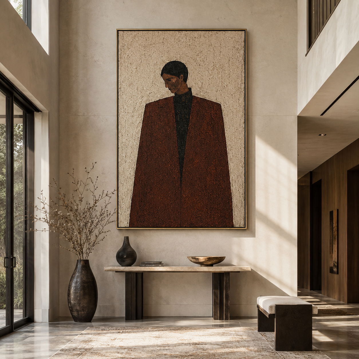 Brown Coat Keeps Distance - brown coat man portrait by Marcus Lau, Retro Modern vertical wall art – styled room scene view 3