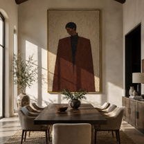 Brown Coat Keeps Distance - brown coat man portrait by Marcus Lau, Retro Modern vertical wall art – styled room scene view 4