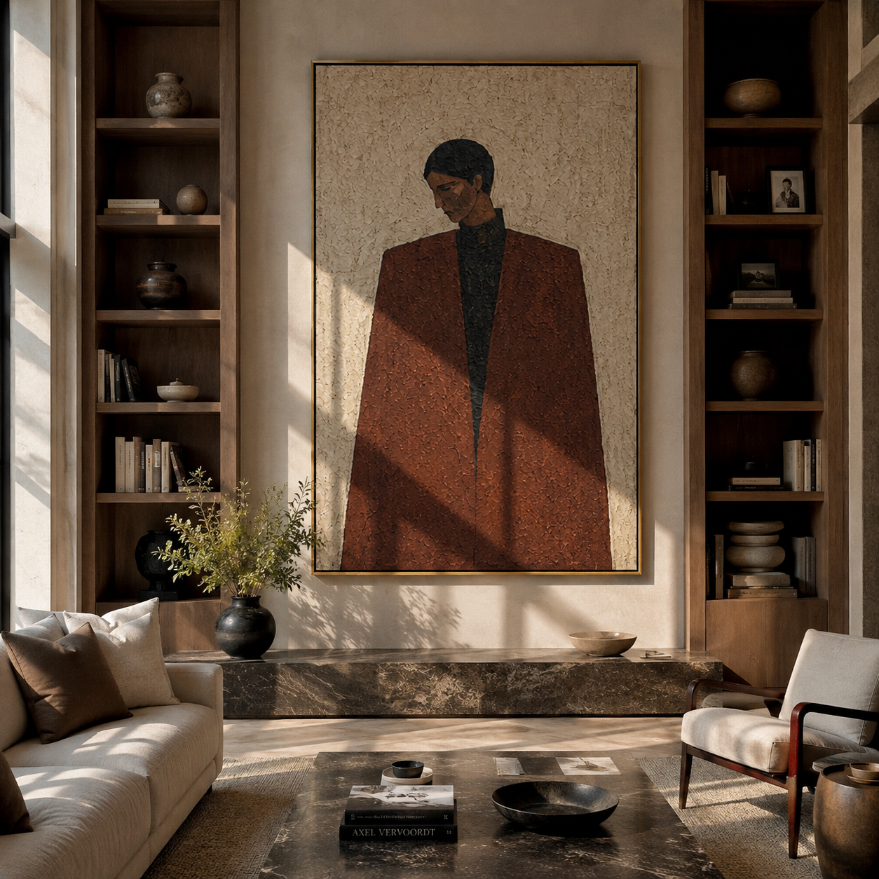 Brown Coat Keeps Distance - brown coat man portrait by Marcus Lau, Retro Modern vertical wall art – styled room scene view 5