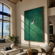 Green Water Turns Inward - swimmer in green water by Marcus Lau, Retro Modern vertical wall art – styled room scene view 1