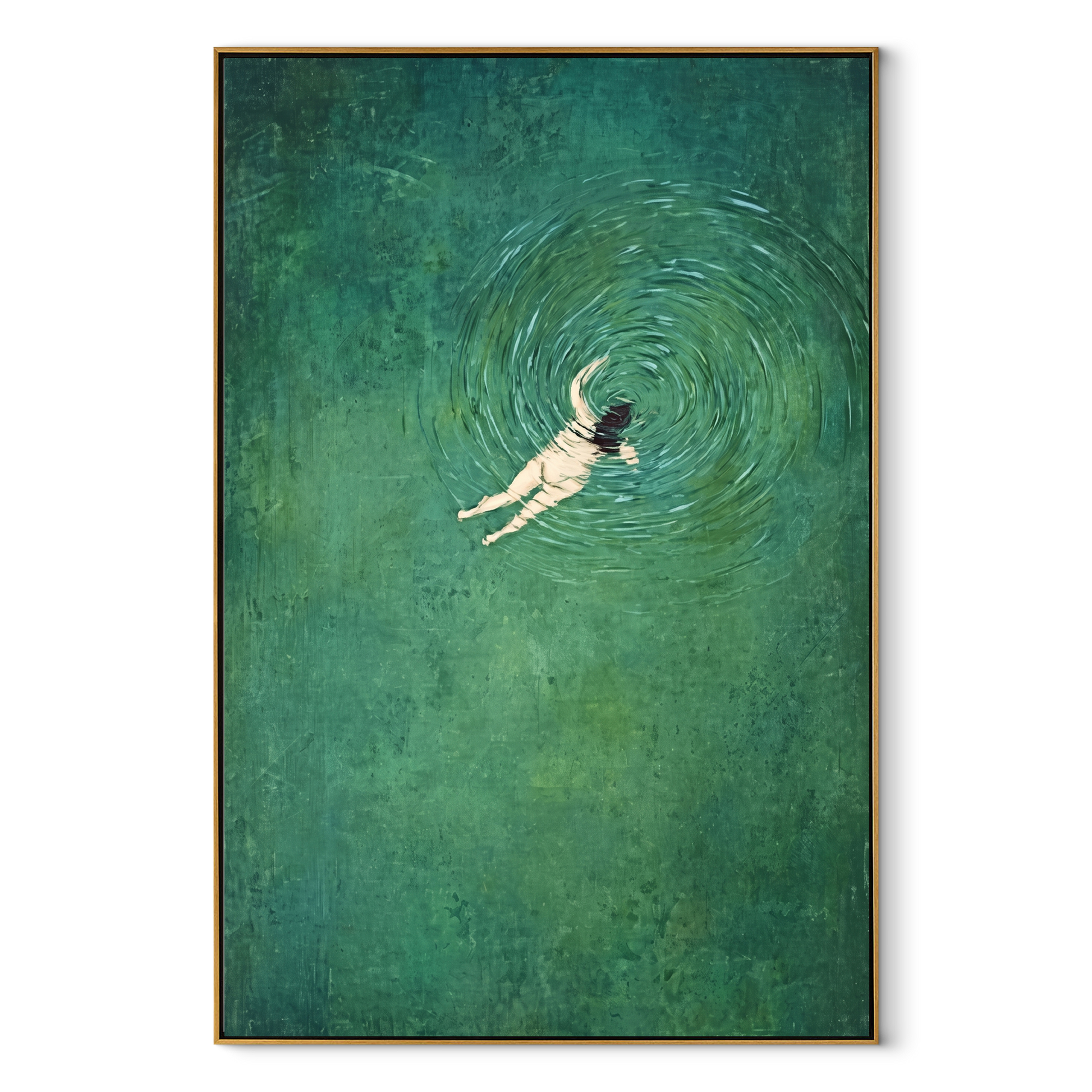Green Water Turns Inward - swimmer in green water by Marcus Lau, Retro Modern vertical wall art – wood frame on white background