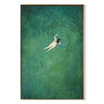 Green Water Turns Inward - swimmer in green water by Marcus Lau, Retro Modern vertical wall art – wood frame on white background