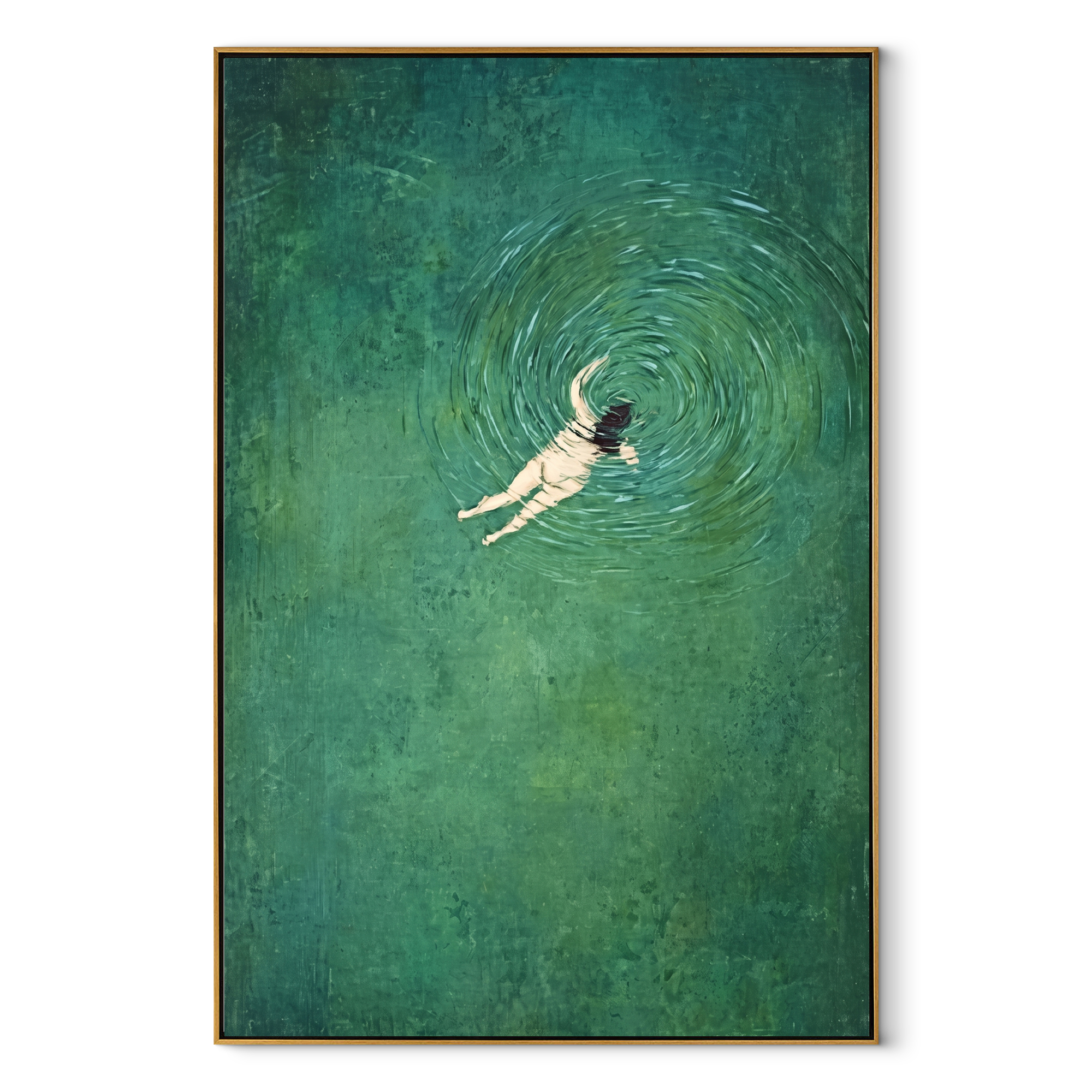 Green Water Turns Inward - swimmer in green water by Marcus Lau, Retro Modern vertical wall art – wood frame on white background