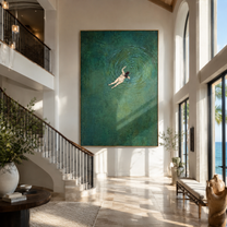 Green Water Turns Inward - swimmer in green water by Marcus Lau, Retro Modern vertical wall art – styled room scene view 2