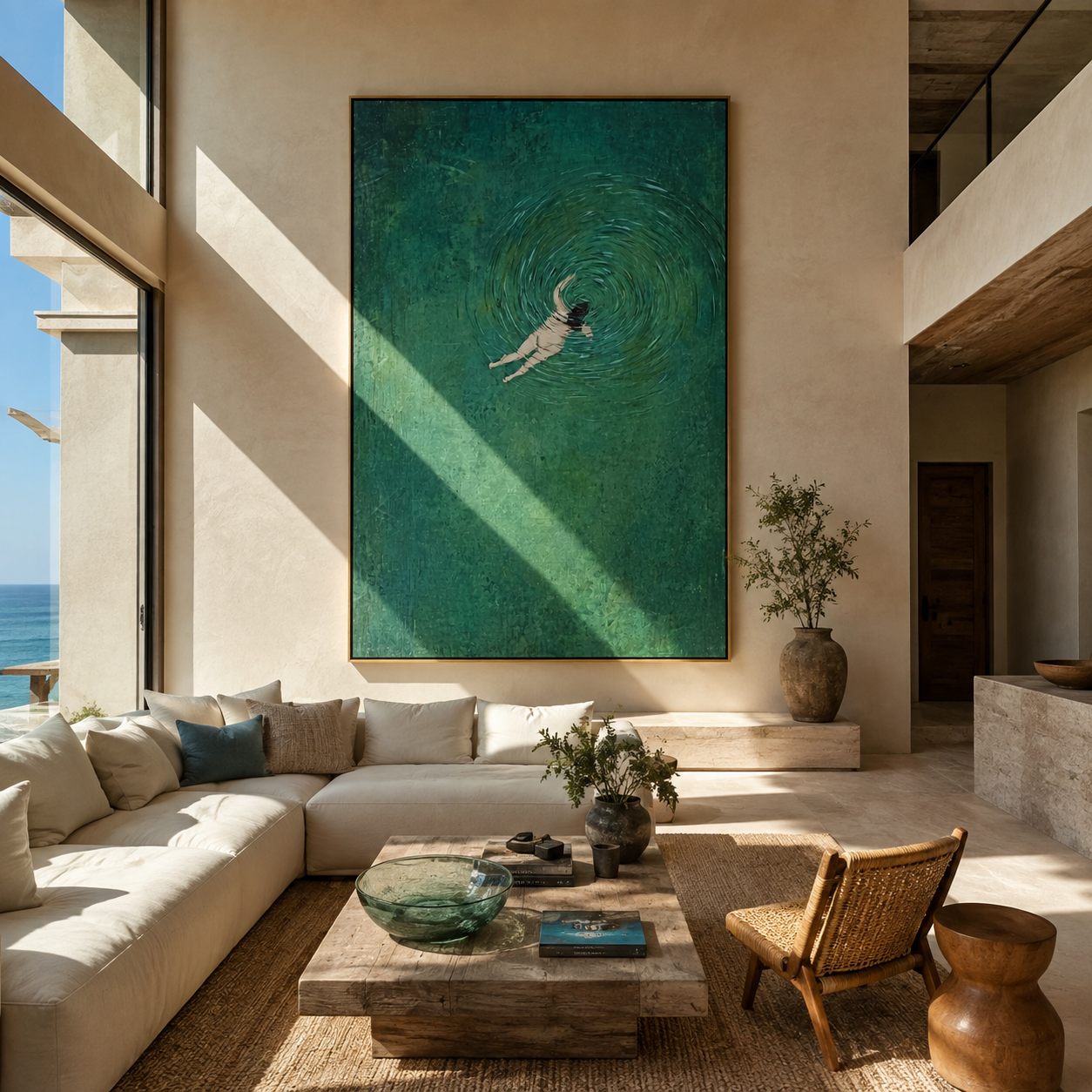 Green Water Turns Inward - swimmer in green water by Marcus Lau, Retro Modern vertical wall art – styled room scene view 3