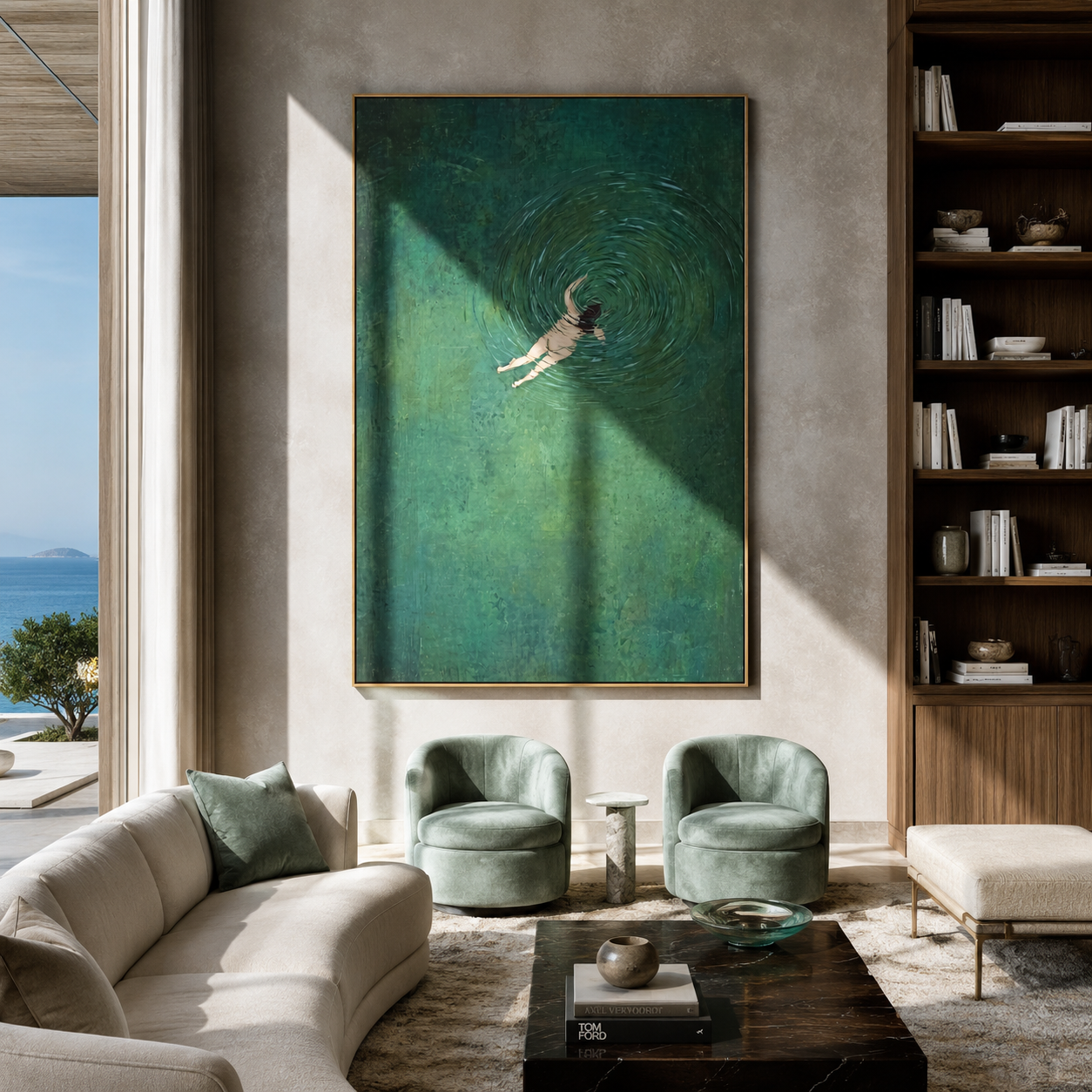 Green Water Turns Inward - swimmer in green water by Marcus Lau, Retro Modern vertical wall art – styled room scene view 4