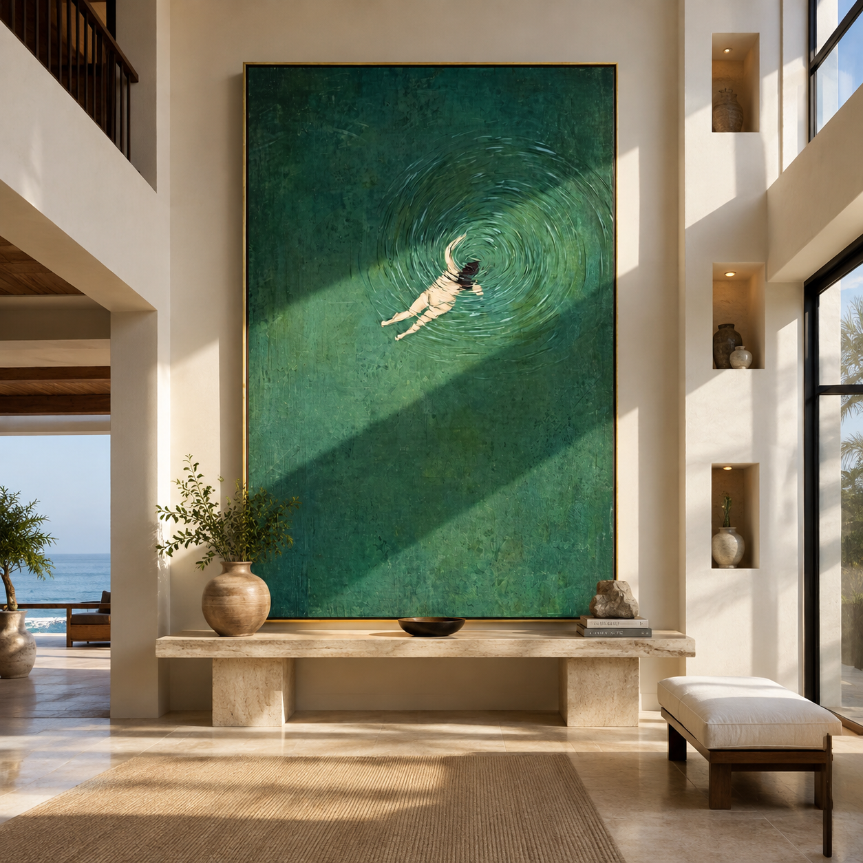 Green Water Turns Inward - swimmer in green water by Marcus Lau, Retro Modern vertical wall art – styled room scene view 5
