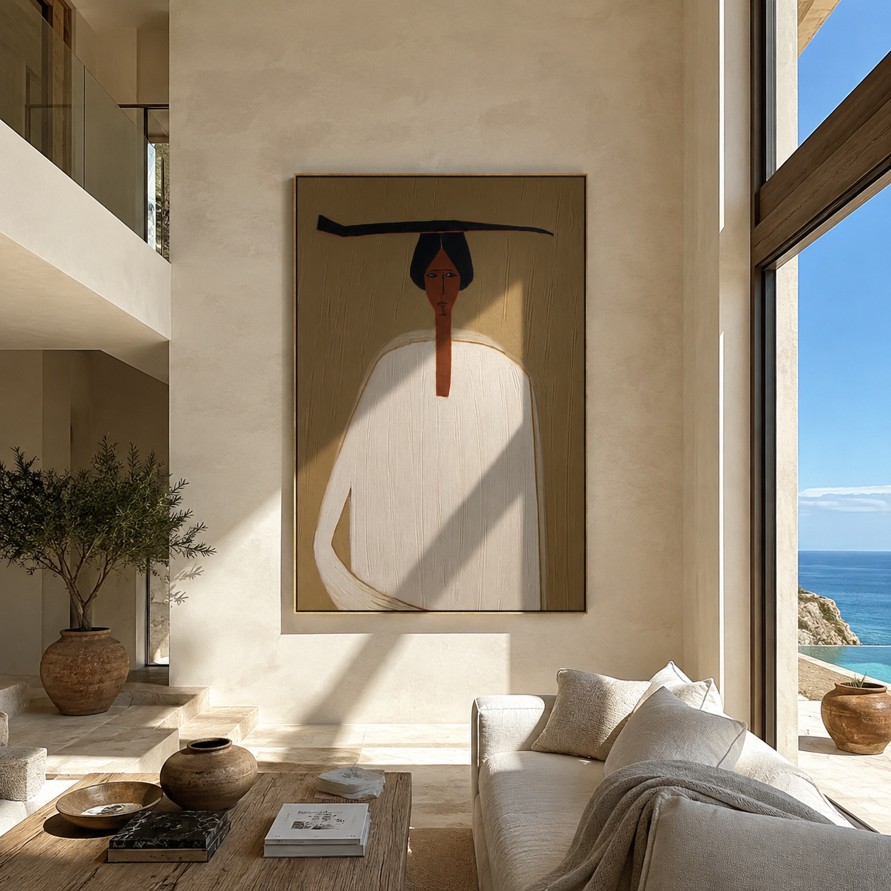White Robe Meets Shadow - white robe black hat figure by Marcus Lau, Retro Modern vertical wall art – styled room scene view 1