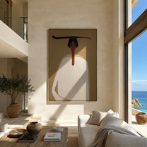 White Robe Meets Shadow - white robe black hat figure by Marcus Lau, Retro Modern vertical wall art – styled room scene view 1