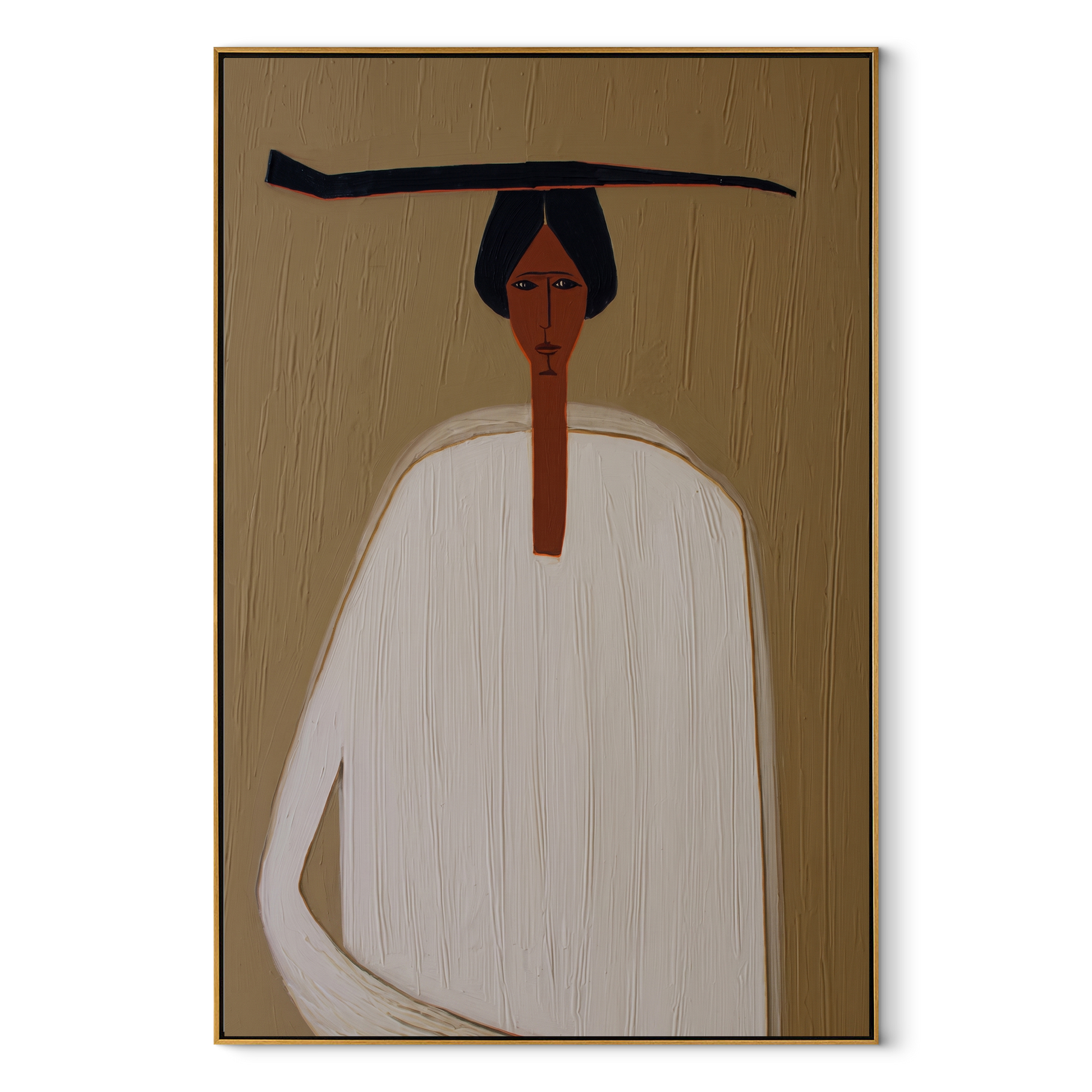 White Robe Meets Shadow - white robe black hat figure by Marcus Lau, Retro Modern vertical wall art – wood frame on white background