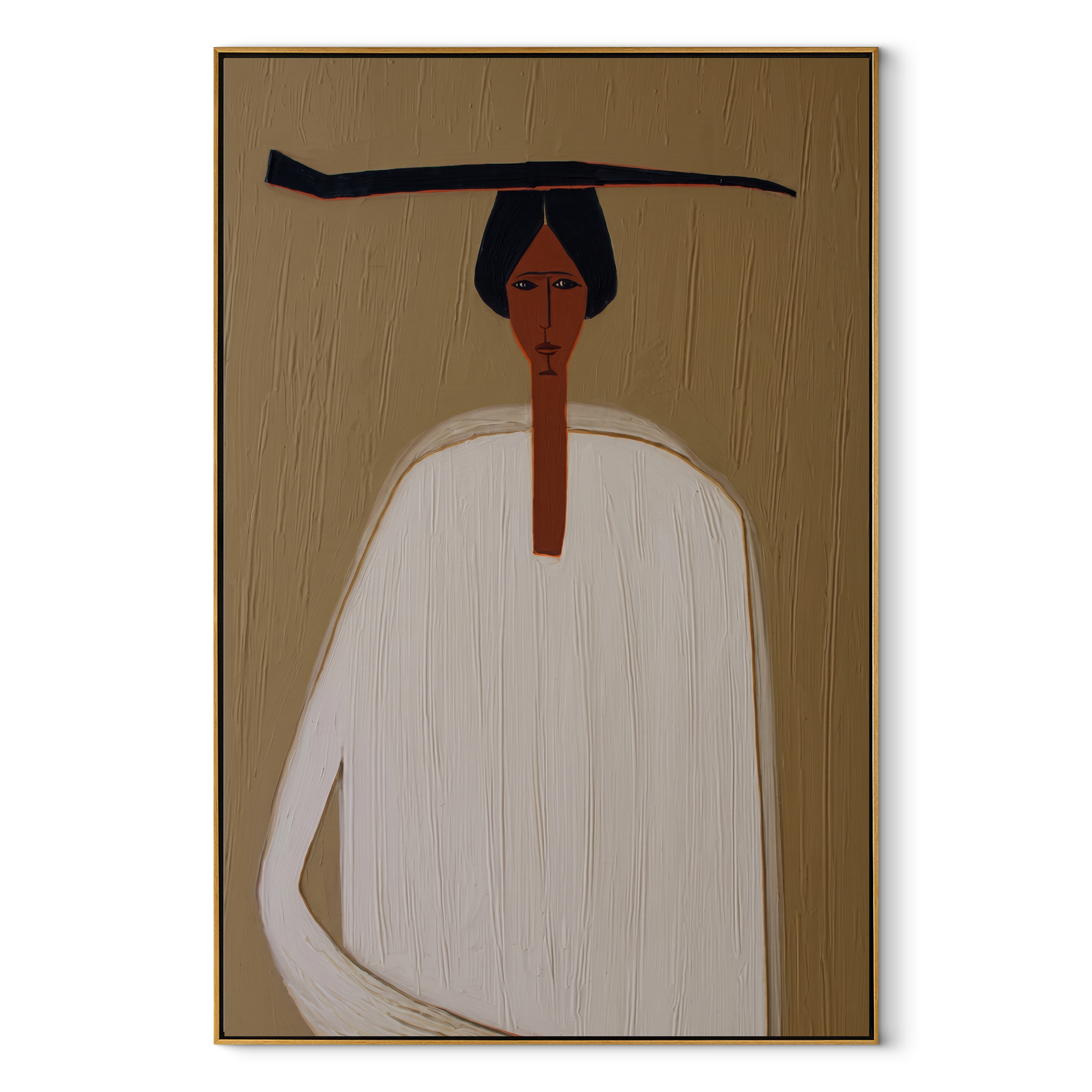White Robe Meets Shadow - white robe black hat figure by Marcus Lau, Retro Modern vertical wall art – wood frame on white background