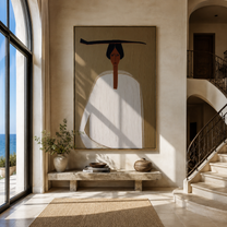 White Robe Meets Shadow - white robe black hat figure by Marcus Lau, Retro Modern vertical wall art – styled room scene view 2