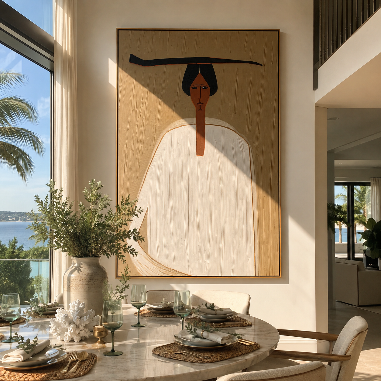 White Robe Meets Shadow - white robe black hat figure by Marcus Lau, Retro Modern vertical wall art – styled room scene view 3