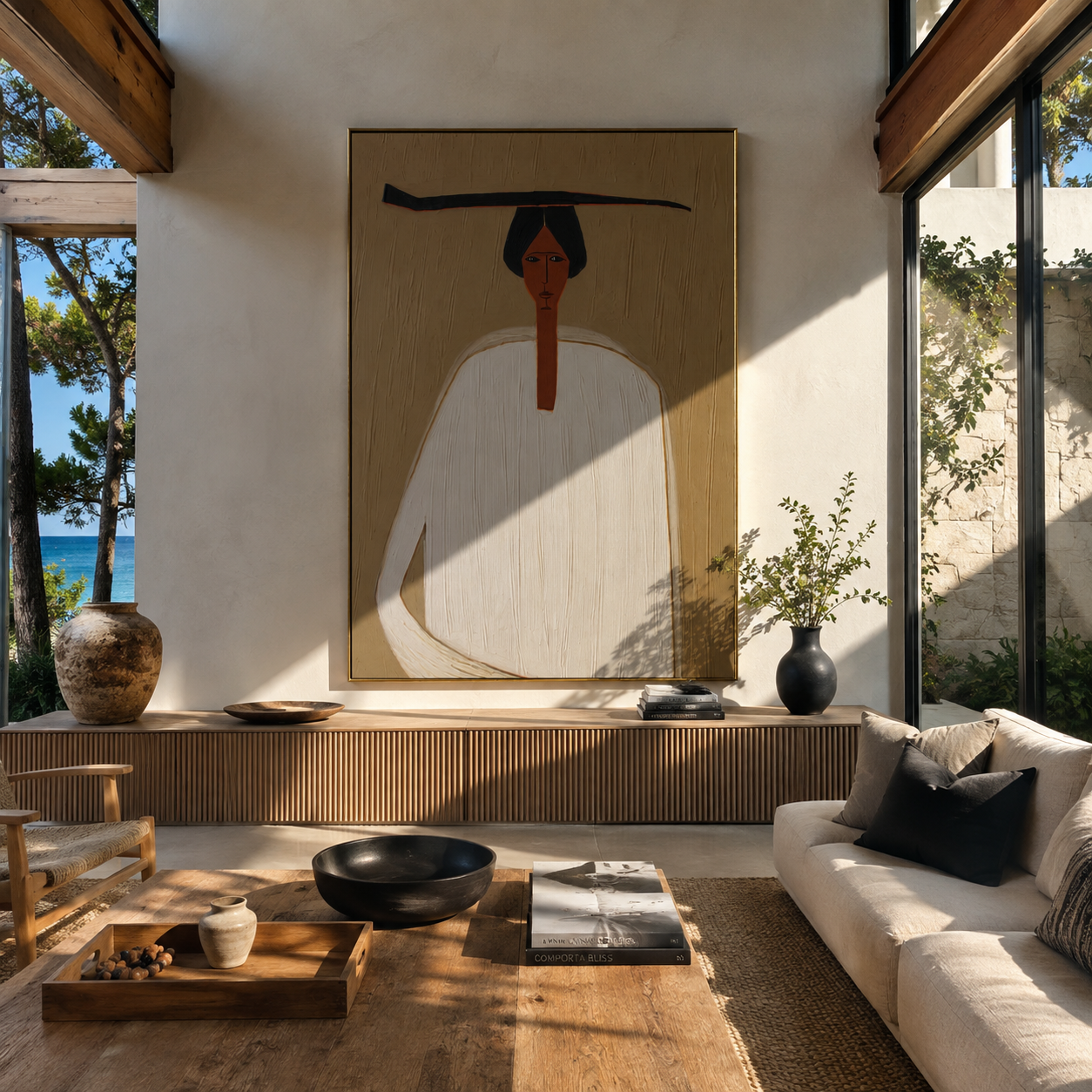 White Robe Meets Shadow - white robe black hat figure by Marcus Lau, Retro Modern vertical wall art – styled room scene view 4